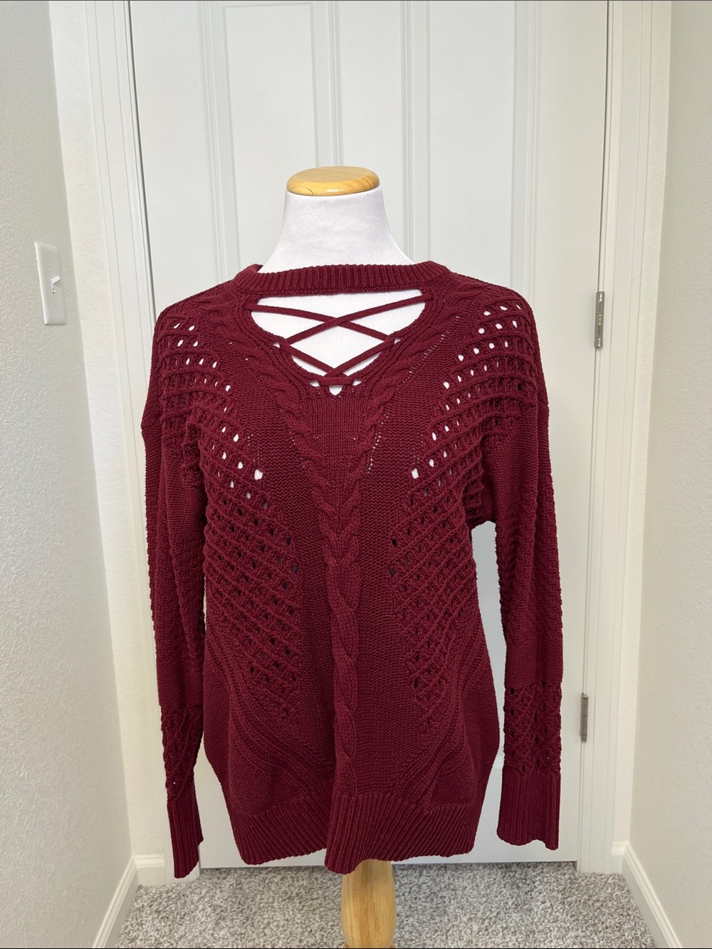 Maurices Burgundy Crisscross Cable Knit Sweater